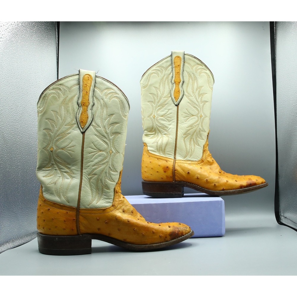 Vtg Larry Mahan Cowboy Boots, Carmel Full Quill Ostrich Vamps, Roper, Womens7.5M